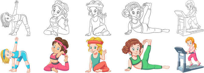Coloring pages. Cartoon clipart set for kids activity coloring book, t shirt print, icon, logo, label, patch or sticker. Vector illustrations.