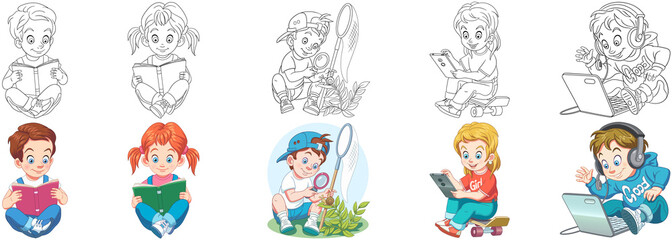 Coloring pages. Cartoon clipart set for kids activity coloring book, t shirt print, icon, logo, label, patch or sticker. Vector illustrations.