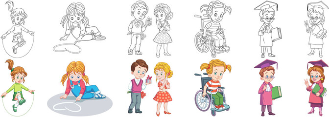 Coloring pages. Cartoon clipart set for kids activity coloring book, t shirt print, icon, logo, label, patch or sticker. Vector illustrations.