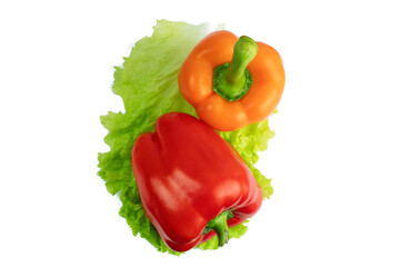 Orange and red pepper on lettuce leaf isolated on white background. Food concept.