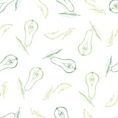 Seamless pattern with pears and leaves. Vector illustration. Dotted texture. Hand drawing. Scribble. In sketch style. Graphic elements for the design of packaging, fabric, decorative paper.