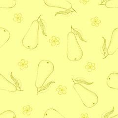 Seamless pattern with pears and leaves. Vector illustration. Dotted texture. Hand drawing. Scribble. In sketch style. Graphic elements for the design of packaging, fabric, decorative paper.