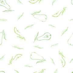 Seamless pattern with pears and leaves. Vector illustration. Dotted texture. Hand drawing. Scribble. In sketch style. Graphic elements for the design of packaging, fabric, decorative paper.