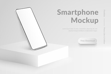 White realistic smartphone mockup on square podium. 3d mobile phone with blank white screen. Modern cell phone template on light background. Illustration of device 3d screen