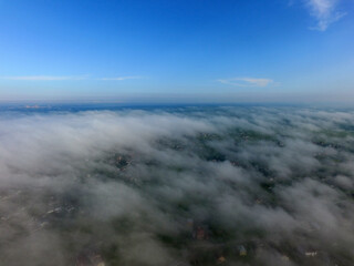 Aerial view of the morning fog (drone image). Near Kiev