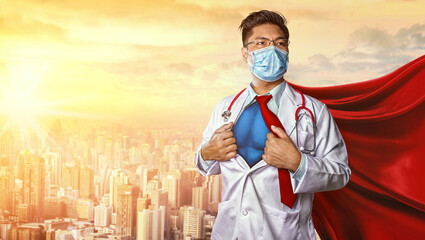 Doctor wearing medical mask . Super hero power for medicine. Corona Virus Covid 19.