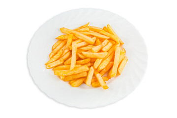 French fries on a plate, isolated on white background