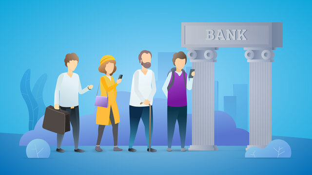People are waiting in line before Bank. Businesspeople standing in line. Financial crisis and banking problems. People waiting payouts or government subsidies. Vector flat illustration concept.