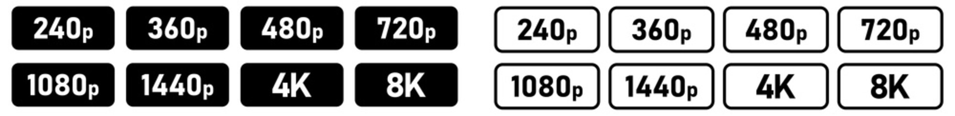 Set of simple video or movie resolution icons, number in rounded rectangle, black and white version