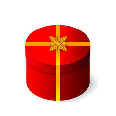 Closed round red gift box with gold bow and ribbons. Stock vector illustration on white isolated background. 