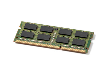 DDR4 RAM (Random Access Memory) laptop memory modules on white background, microelectronic chipset close up, computer circuit detail, DDR board