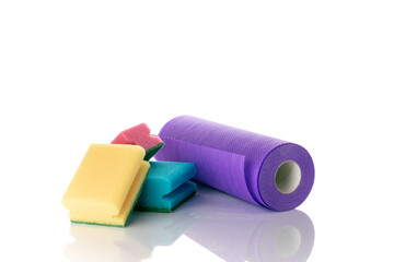 Cleaning kitchen. Yellow, colorful sponge for household cleaner service isolated on white background.Clean foam supplies equipment.