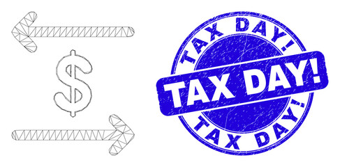 Web carcass dollar exchange arrows icon and Tax Day! seal stamp. Blue vector round textured seal stamp with Tax Day! title.