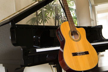 Acoustic guitar  leaning against grand piano with green plants in the background