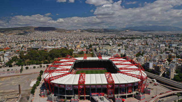 Aerial drone photo of famous stadium of Olympiakos known as Karaiskaki stadium, Piraeus, Attica, Greece