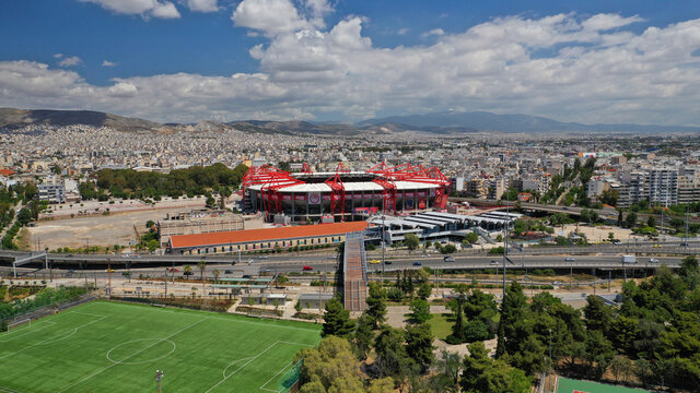 Aerial drone photo of famous stadium of Olympiakos known as Karaiskaki stadium, Piraeus, Attica, Greece