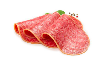 Salami slices isolated on white background.