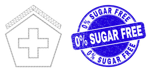Web mesh hospital icon and 0% Sugar Free seal. Blue vector round distress seal with 0% Sugar Free phrase. Abstract frame mesh polygonal model created from hospital icon.