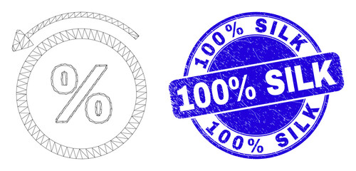 Web mesh percent back pictogram and 100% Silk seal stamp. Blue vector round distress stamp with 100% Silk message. Abstract frame mesh polygonal model created from percent back pictogram.