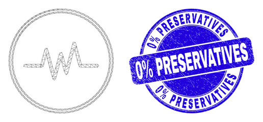 Web carcass pulse signal icon and 0% Preservatives seal stamp. Blue vector round textured seal stamp with 0% Preservatives text.
