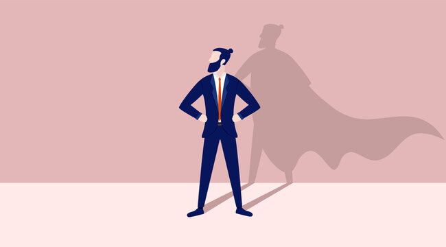 Business hero - Bearded hipster businessman standing proud and casting superhero shadow on wall. Heroic, courageous and brave man concept.  Vector illustration.