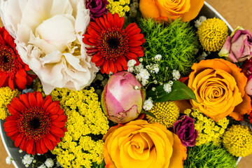 Beautiful bouquet of different colorful flowers for any purposes. Spring style. Romantic wedding background. Floral design.