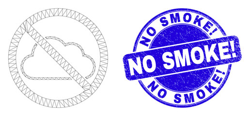 Web mesh stop cloud icon and No Smoke! stamp. Blue vector rounded grunge stamp with No Smoke! text. Abstract frame mesh polygonal model created from stop cloud icon.