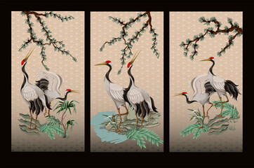 Folding screen in chinoiserie style with white cranes. Vector.
