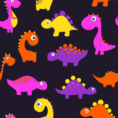 Childish dinosaur seamless pattern for fashion clothes, fabric, t shirts. hand drawn vector