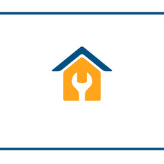 House Repair. Logo design. Vector Template. House silhouette with a wrench in negative space. Yellow and blue color.