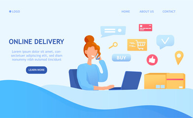 Online delivery and logistics concept after a woman places an order with an online store on her laptop with assorted shopping and rating icons and copy space, colored vector illustration