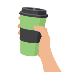 A hand holds a takeaway coffee in a reusable Cup. The concept of zero waste. Vector stock flat illustration isolated on a white background