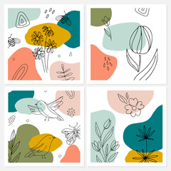 Fototapeta premium Greeting cards with abstract shapes and line flowers and plants, bird, butterfly isolated