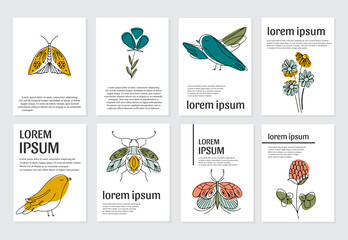 Spring cards with flowers, insects, birds and text. Line art