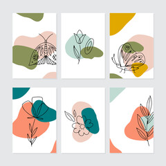 Greeting cards with abstract shapes and line flowers and plants, bird, butterfly isolated