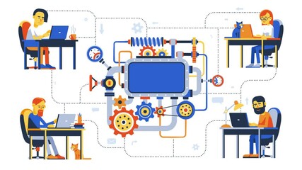 Remote team work on development complex project. Online creative teamwork. Looped animation with alpha channel