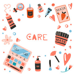 Set of design elements on cosmetic, self-care theme: mask,  cream, palette.