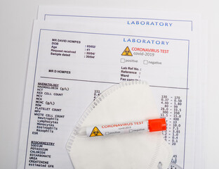 Test tube Covid-19 containing a blood sample on the forms for the coronovirus test analyzing. Laboratory patient’s blood