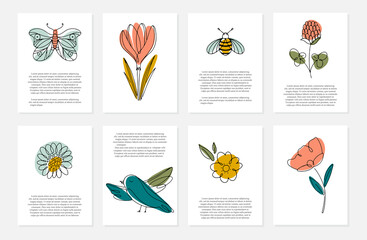 Obraz premium Spring cards with flowers, insects, bird and text. Line art