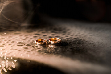Wedding rings with smoke and water droplets. Wedding gold rings bride and groom.