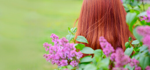 Obraz na płótnie Canvas a red-haired girl stands next to a blooming lilac Bush in spring