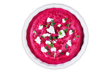 Beet hummus appetizer in a white bowl on a white isolated background