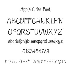 Hand drawn font with numbers and punctuation isolated on white