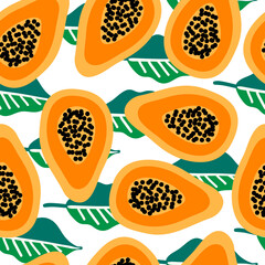 Naklejka premium Seamless vector pattern with papaya on leaves backgorund. Modern concept for fabric and paper, surface textures.