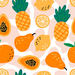 Seamless pattern with fruits: pineapples, lemons, papaya, pear, orange on white background. Cute vector background.