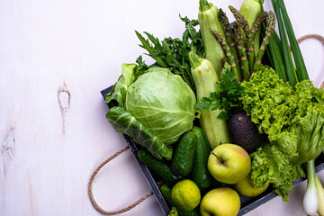 Various green vegetables and fruits