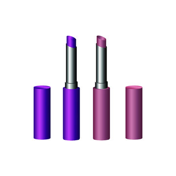 Purple and pink colour Lipsticks packaging with opened  purple and pink cap isolated on white background.