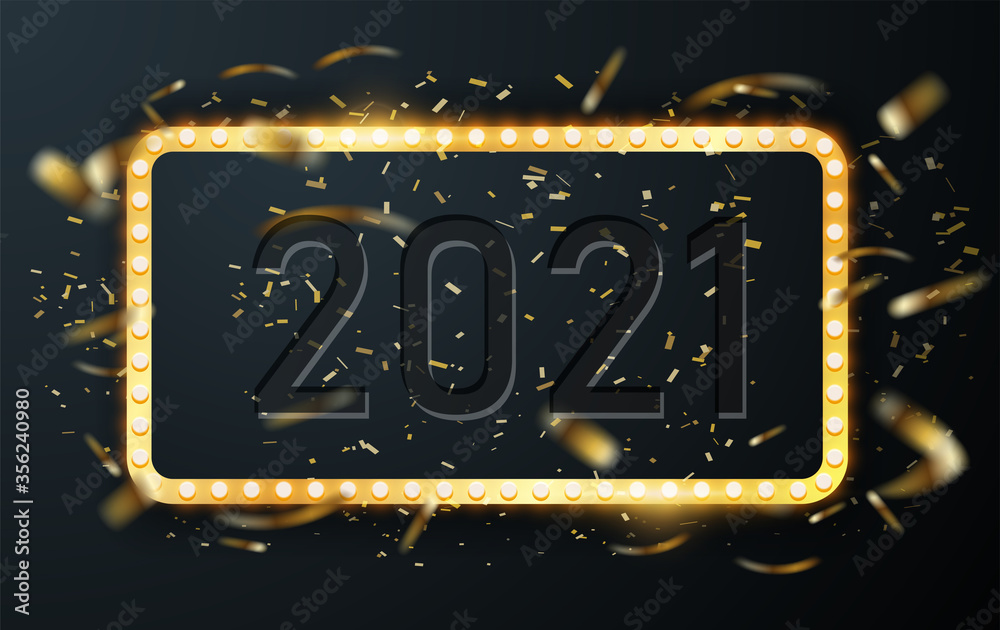 Aufkleber 2021 text is squeezed out in the lamp frame. Confetti fireworks on a black background. 2021 logo numbers on black background. Vector