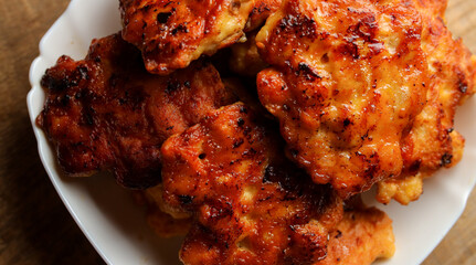 Homemade chicken cutlets. The plate is full of delicious chicken meatballs prepared for food. Fried chicken cutlets. Grilled chicken breast on a white dish on an old rustic wooden background.