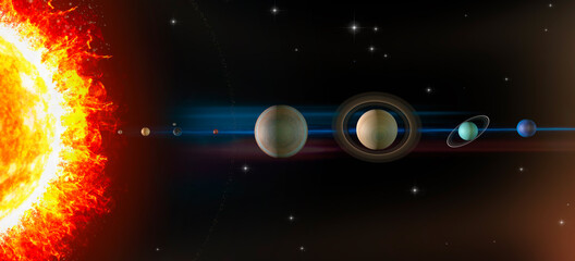 Planets of the solar system, sun, Mercury, Venus, Earth, Moon, Mars, Jupiter, Saturn, Uranus, Neptune, Magnitudes and dimensions are not to scale. Element of this image are furnished by Nasa © Naeblys